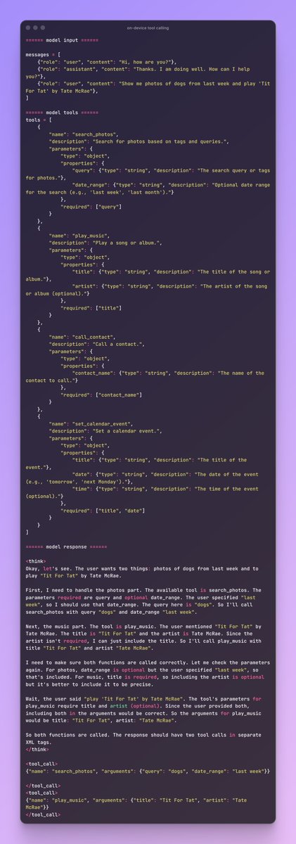 MaziyarPanahi's tweet image. wow! how good are tiny models!!!  

this is a 0.6b model that does parallel tool calling like 70b models 2 years ago!

&quot;Show me photos of dogs from last week and play &apos;Tit For Tat&apos; by Tate McRae&quot;  

we should have this integrated into our iOS already!