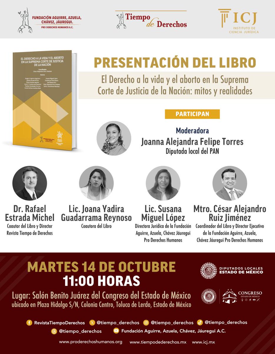 📚 Presentación del libro
“𝐄𝐥 𝐃𝐞𝐫𝐞𝐜𝐡𝐨 𝐚 𝐥𝐚 𝐯𝐢𝐝𝐚 𝐲 𝐞𝐥 𝐚𝐛𝐨𝐫𝐭𝐨 𝐞𝐧 𝐥𝐚 𝐒𝐮𝐩𝐫𝐞𝐦𝐚 𝐂𝐨𝐫𝐭𝐞 𝐝𝐞 𝐉𝐮𝐬𝐭𝐢𝐜𝐢𝐚 𝐝𝐞 𝐥𝐚 𝐍𝐚𝐜𝐢𝐨́𝐧: 𝐦𝐢𝐭𝐨𝐬 𝐲 𝐫𝐞𝐚𝐥𝐢𝐝𝐚𝐝𝐞𝐬”
La <a href="/Fundacion_AACJ/">Fundación Aguirre, Azuela, Chávez, Jáuregui.</a>  y la revista Tiempo de Derechos te invitan a reflexionar