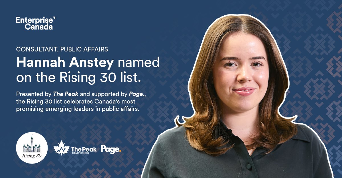 Enterprise (@entcanada) on Twitter photo Congratulations to our very own <a href="/Hannah_Anstey/">Hannah Anstey</a> for earning a spot on The Peak's Rising 30 list that recognizes Canada's emerging leaders in public affairs.🎉
We're so proud to see her hard work and talent recognized and grateful to have her leadership and energy on our team. Congratulations to our very own <a href="/Hannah_Anstey/">Hannah Anstey</a> for earning a spot on The Peak's Rising 30 list that recognizes Canada's emerging leaders in public affairs.🎉
We're so proud to see her hard work and talent recognized and grateful to have her leadership and energy on our team.