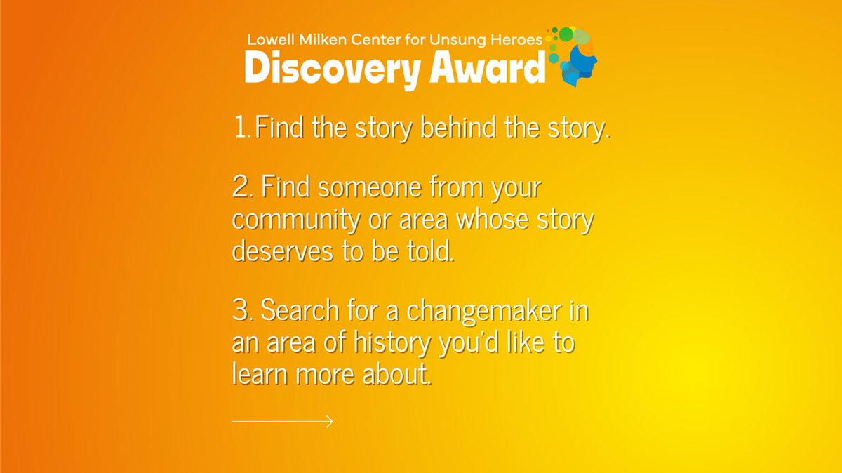 LowellMilkenCtr's tweet photo. 💡 Every great story begins with discovery.
The Discovery Award invites students in grades 4–12 to uncover Unsung Heroes whose actions changed history—but whose stories are rarely told.
🔍 Learn more: https://t.co/2DHNQt0p3B
#DiscoveryAward #UnsungHeroes #HistoryProject https://t.co/53SJp4YlTC