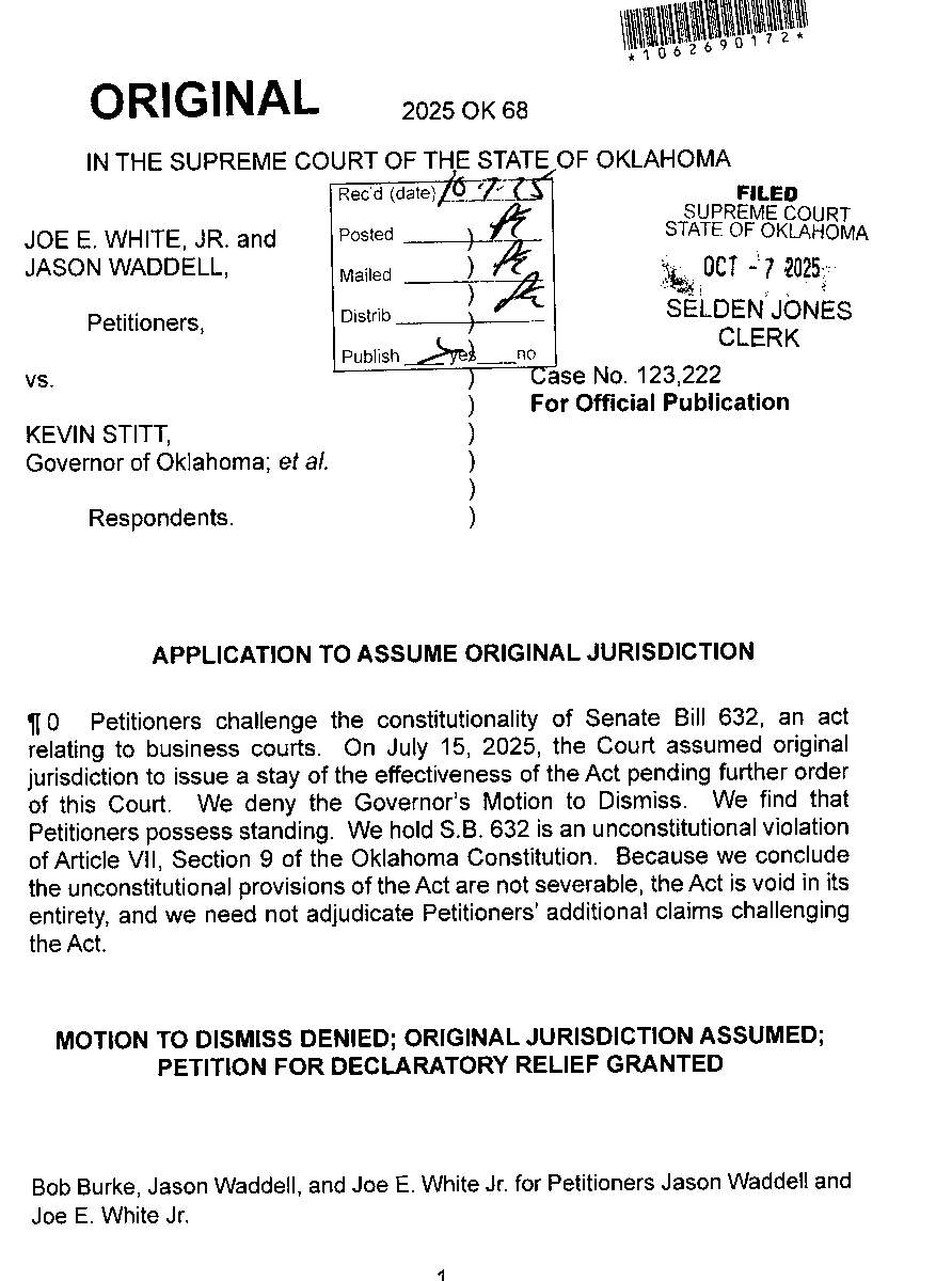 Today, the Okla. Supreme Court ruled an attempt by the Oklahoma Legislature to create unconstitutional business courts presided over by unelected judges Unconstitutional. 
"Being a lawyer is not merely a vocation, it is a public trust." - A.G. Janet Reno
oscn.net/dockets/GetDoc…