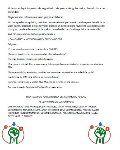 Comunicado a la comunidad 📢📢
No a la privatización soterrada de empresas públicas de Medellín y la elevada tarifas de servicios Públicos Domiciliarios. "Se siguen partiendo la torta.  Empezaron con UNE - EDATEL... Y continuará.