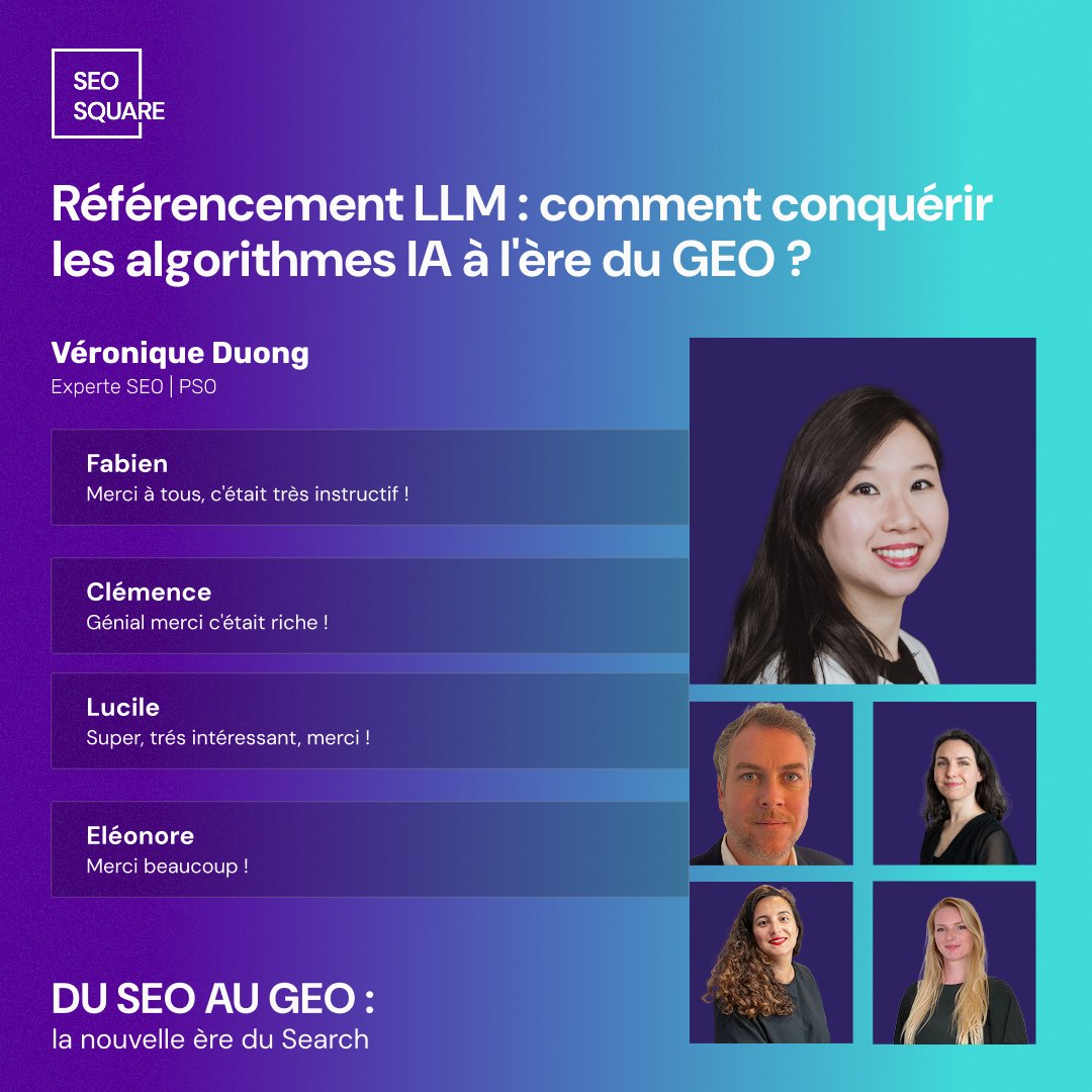 veroduong's tweet image. Un super #panel au SEO SQUARE @Semji_fr, des intervenants de qualité, des conseils sur le #SEO et #GEO partagés !

1126 participants, 31 questions posées par le public ! Juste WOW !