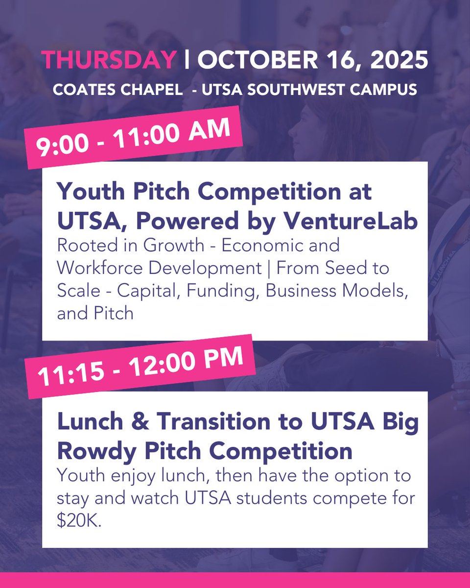 San Antonio Startup Week is just one week away! 🚀
Check out where you can catch the VentureLab team Oct 13–17 and add our sessions to your schedule. 

#SASW2025 #SanAntonioStartupWeek #InnovationCulture