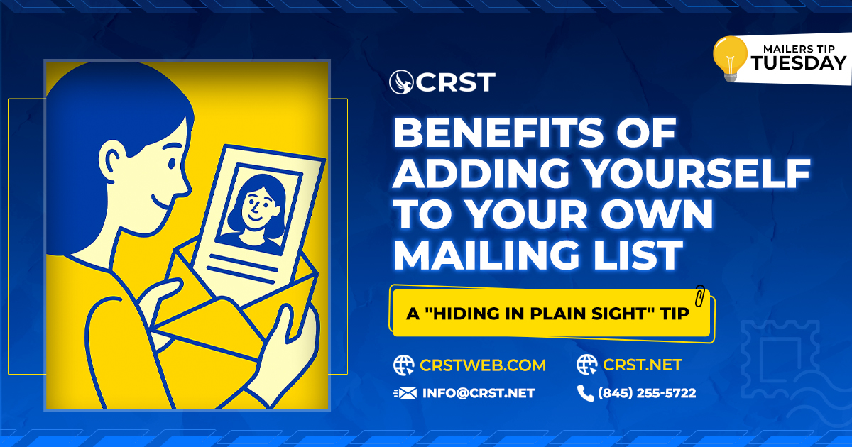 CRSTNET's tweet image. MAILER’S TIP TUESDAY: Add yourself to your mailing list!

See what recipients see, confirm timing, appearance, and impact.

Read more here: crst.net/crst-daily/add…

#DirectMail #MailersTipTuesday #CRSTnet