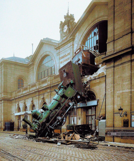 Today I Learned: The famous train wreck at Montparnasse Station in Paris, 22 October 1895. A speeding train overran the buffer stop and crashed through the station wall, falling to the street below. Remarkably, only one person was killed—a woman outside struck by falling debris.