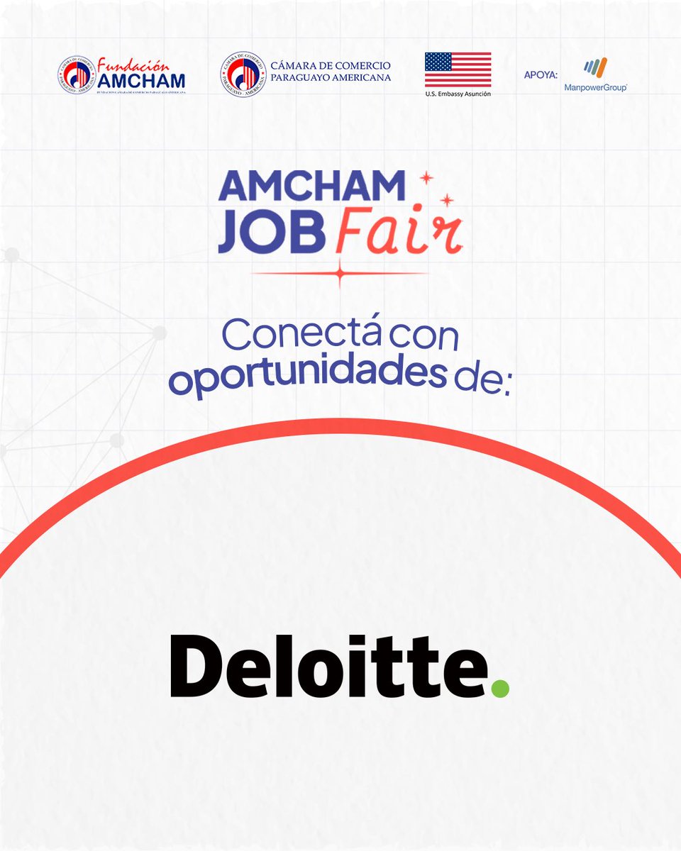 FundacionAMCHAM's tweet image. 💼 ¡Deloitte Paraguay se suma a la AmCham Job Fair!
Una firma global que apuesta a la excelencia y al desarrollo de talento para transformar negocios y generar impacto positivo.
👉🏼 Conectá con su equipo en la feria e impulsá tu carrera.