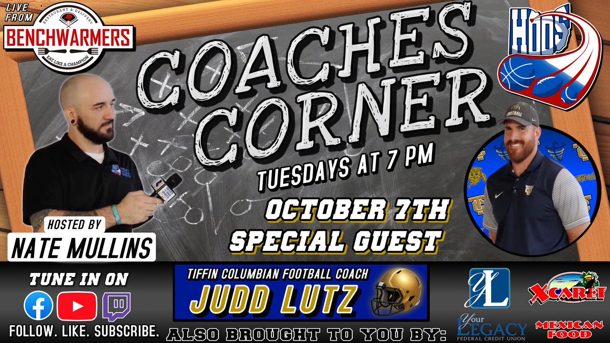 Tune in tonight as we host <a href="/TiffinTornadoes/">Tiffin Columbian Athletics 🌪</a> head football coach <a href="/juddlutz/">Coach Judd Lutz🐻</a> at Benchwarmers in Tiffin in this week’s edition of the Coaches Corner

Don’t miss out, we go live at 7pm!

#heartofohiosports #coachescorner #benchwarmers #goodfoodgoodcompany #highschoolfootball