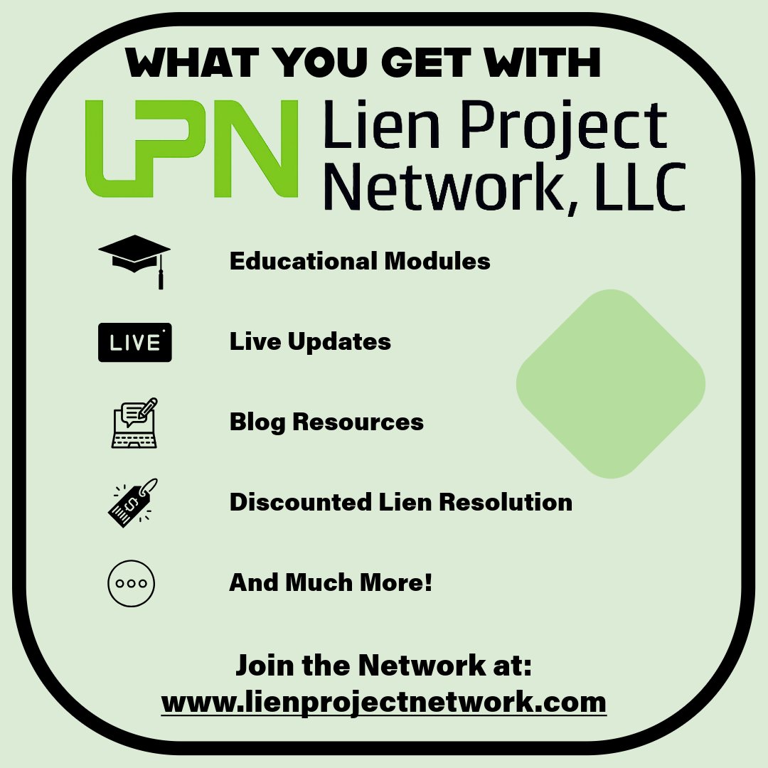 LienProjectNet's tweet image. LPN is more than a resource hub. Members gain access to educational modules, updates, blogs, and discounted lien resolution services.

Level up your lien strategy: lienprojectnetwork.com
 #LienResolution #PlaintiffAttorney #LegalEducation