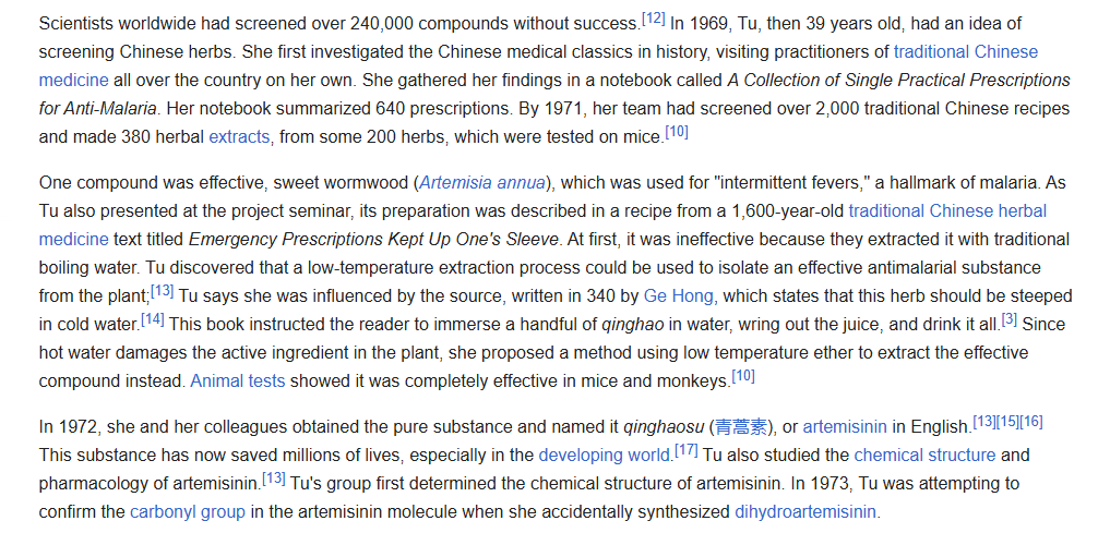 Tu certainly deserves the prize, especially because the new malaria medication is so valuable.

Further she did something Western academics are loathe to do, taking a look at ancient sources (300s AD!) as epistemic equals. I wish our academics were less arrogant and took