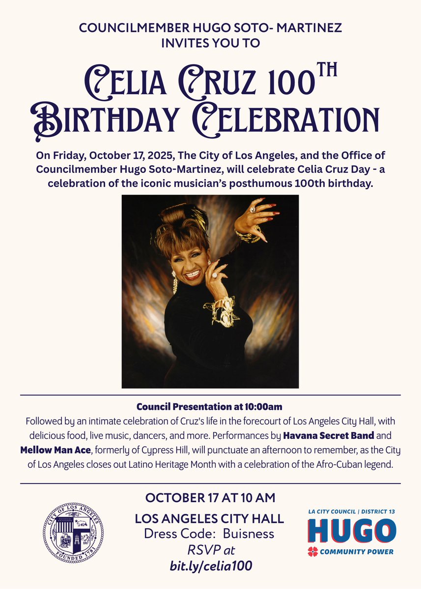 Hollywood Walk of Famer and “Queen of Salsa ”Celia Cruz to be honored by the City of Los Angeles on what would have been her 100th birthday! Azucar! #cd13