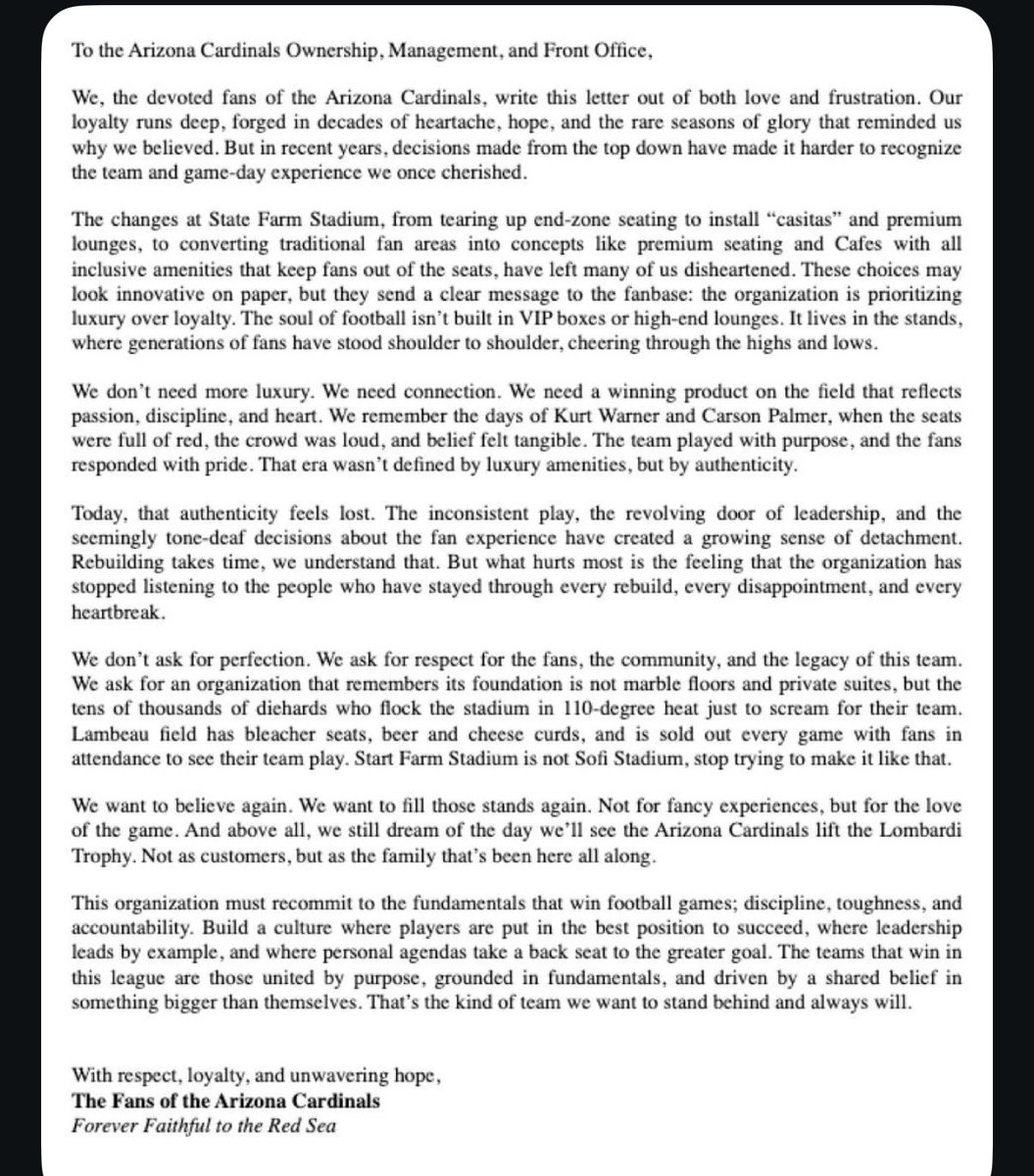 Trending: A letter to The Cardinals Ownership, Front Office and Management from the fan base.. 

The last time I have seen his fan base this upset was a few years ago during the last year of Kliff &amp; Keim. (Via Reddit)