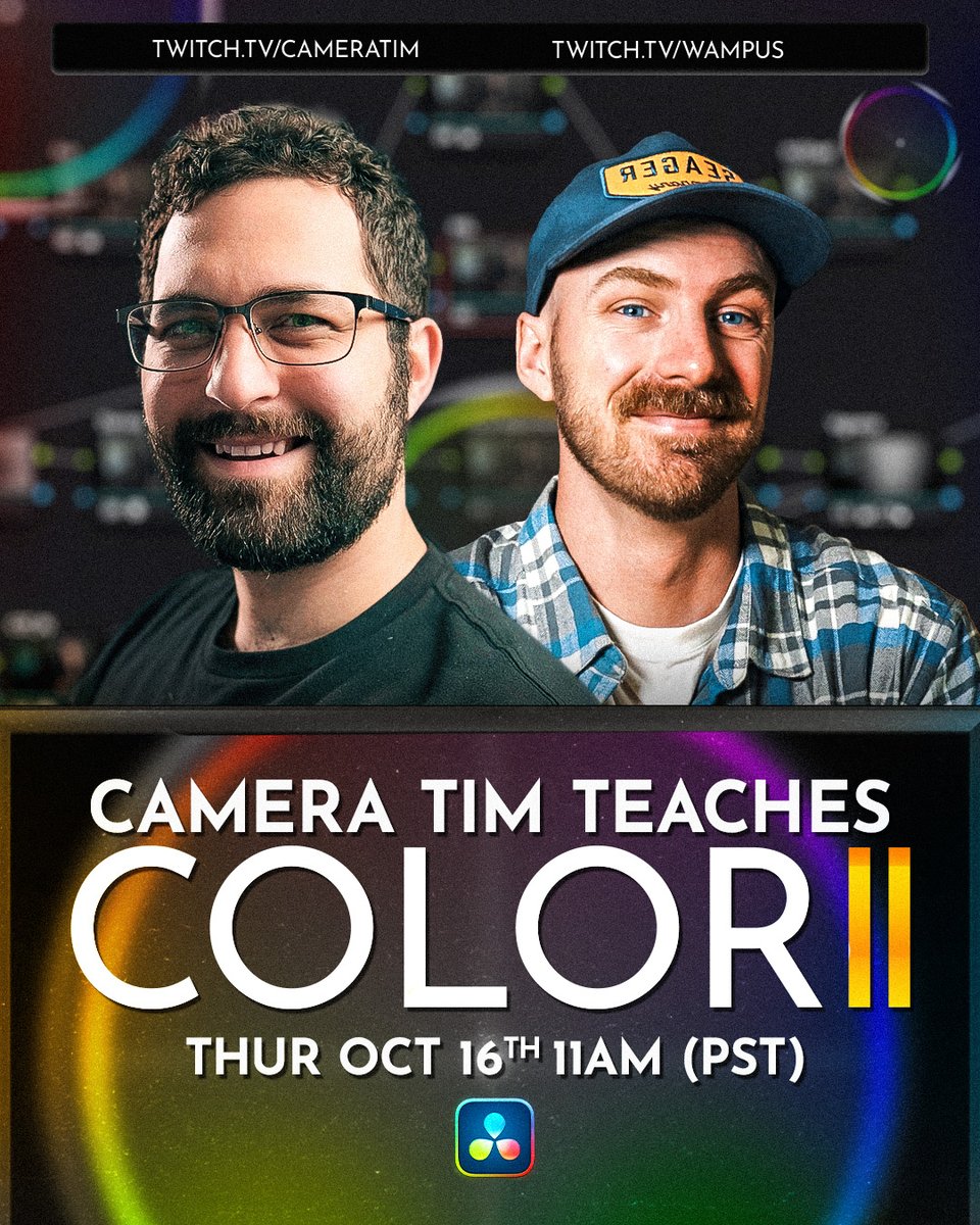 itsthewampus's tweet image. HELLO FELLOW EDITORS

Coloring w/ Tim is Back.

Thurs. Oct 16th @ 11 AM PST, Tim will be walking me through how to properly correct and grade footage. If the Color Page has always alluded you, I HIGHLY recommend you attend.

It's free, and we'll both be streaming it!
