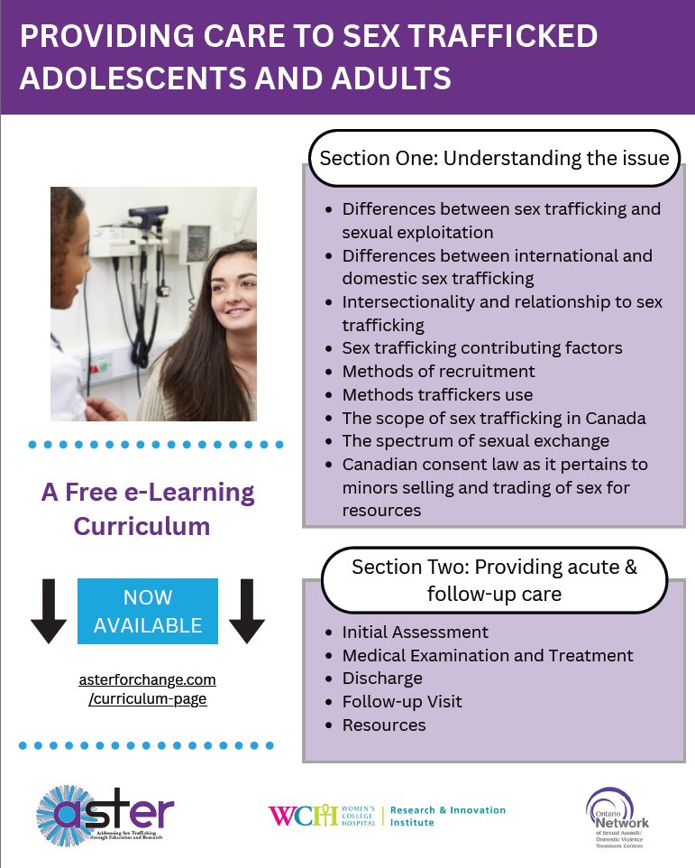 SADVTC's tweet image. 🚨 New #sextrafficking curriculum! 🚨

Our NEW interactive e-Learning curriculum on caring for sex trafficked adolescents/adults is now freely available. #ForensicNurses

Start learning today: asterforchange.com/curriculum-page

@WCHResearch
@WCHospital
@SADVTC
@UofT_dlsph