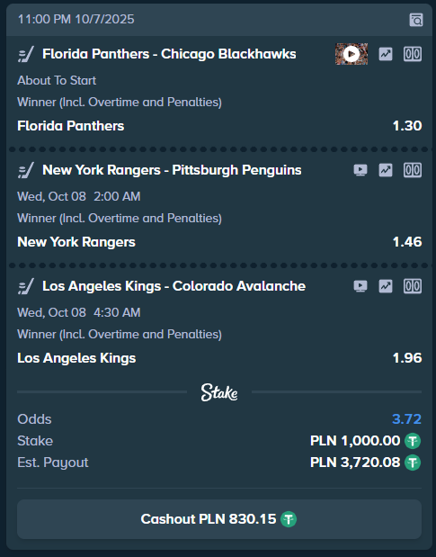 Trzy drużyny, jeden sen — żeby Stake wreszcie mi coś oddał 💸
Florida, Rangers, Kings – jak to nie siądzie, to jutro gram curling
