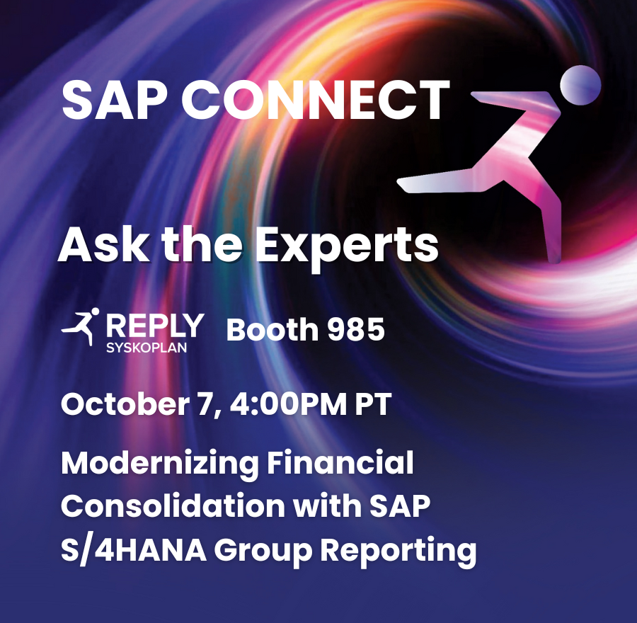 Ask the Experts on SAP Group Reporting starts today at 4pm PT!
📍 Find Reply’s Finance team at Booth 985 #SAPConnect #Finance #SAP #Consolidation #Reporting