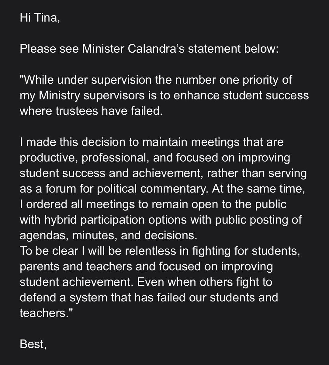TinaYazdani's tweet image. New statement from Ontario’s education minister. Paul Calandra says he doesn’t want school board committee meetings to serve as a “forum for political commentary.” Here’s the full quote, story coming soon: