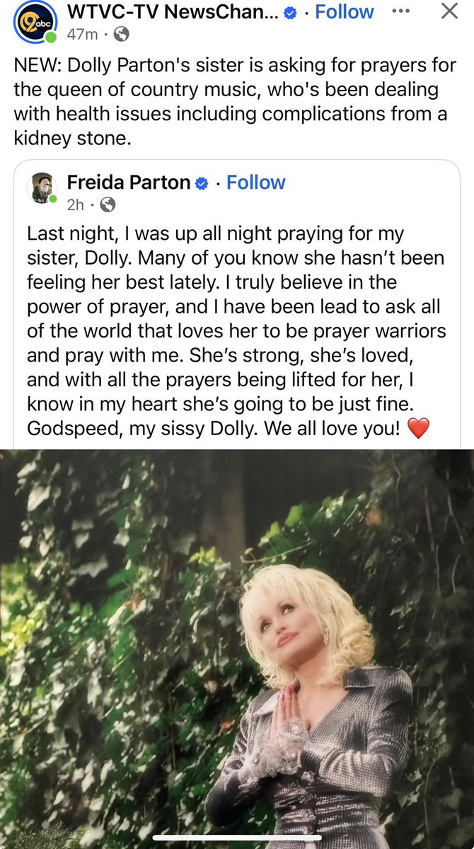 I know Dolly will be covered in prayer the whole world over… count me in… 🙏🏼❤️🦋 <a href="/DollyParton/">Dolly Parton</a>