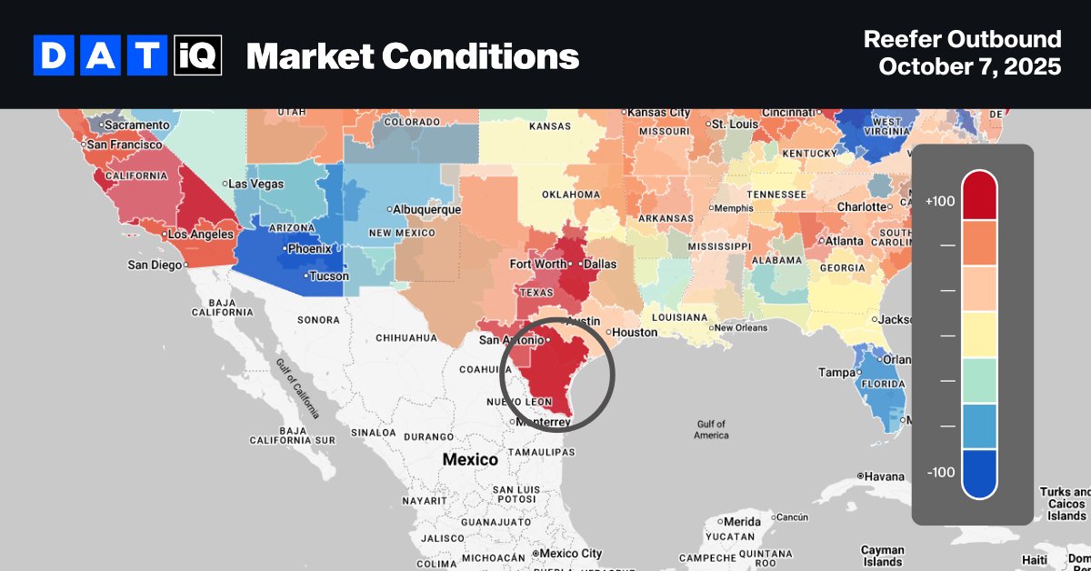 No off-season in McAllen🚚💨

📦 McAllen, TX, is a major entry point for Mexican tomatoes, limes, mangoes &amp; avocados
🚛 Long-haul reefer lanes to Los Angeles are seeing a 24% YoY rate spike
📍 Chicago: +2% YoY | Brooklyn: +10% YoY
⚠️ Ongoing immigration activity continues to