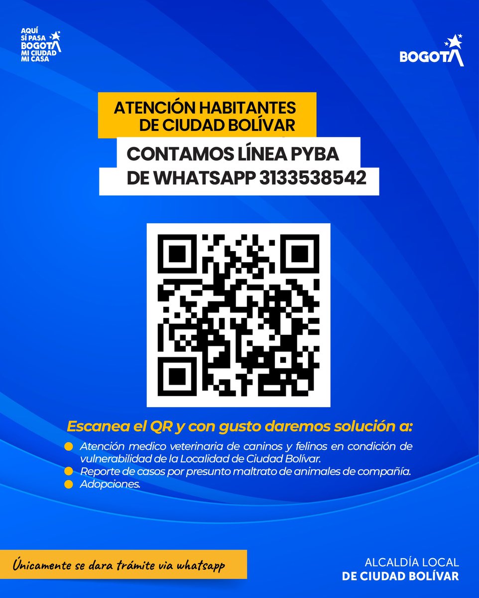 📢 ¡Atención, ciudadanía de Ciudad Bolívar!
Ahora contamos con nuestra línea PYBA en WhatsApp 📲
Escanea el código QR y comunícate con nosotros.
👉 ¡Con gusto te ayudaremos con tu solicitud!