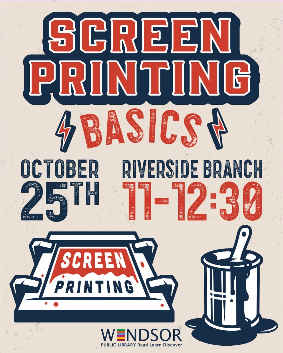 windsorpublib's tweet image. Riverside branch is hosting an information screen printing session on the &apos;how to&apos; basics of printing.   Participants bring in a t-shirt to screen print and leave with us to cure. Finished shirts can be picked up MON, NOV 3rd. Ages 13-17
Register w/ Riverside (519) 255-6770 x6600