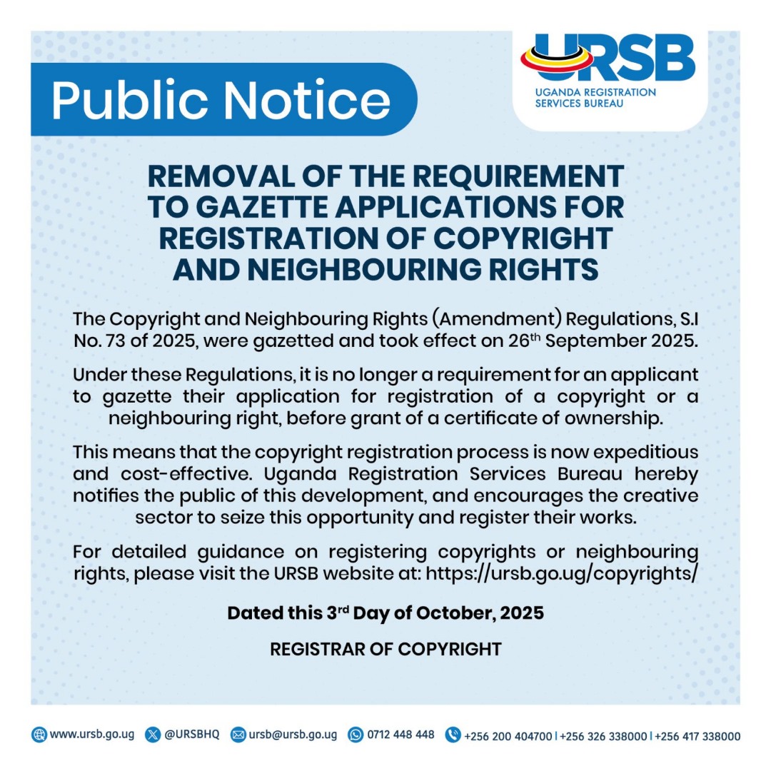 A New Dawn for Ugandan Creatives: URSB Removes Gazette Requirement for Copyright Registration. linkedin.com/pulse/new-dawn…