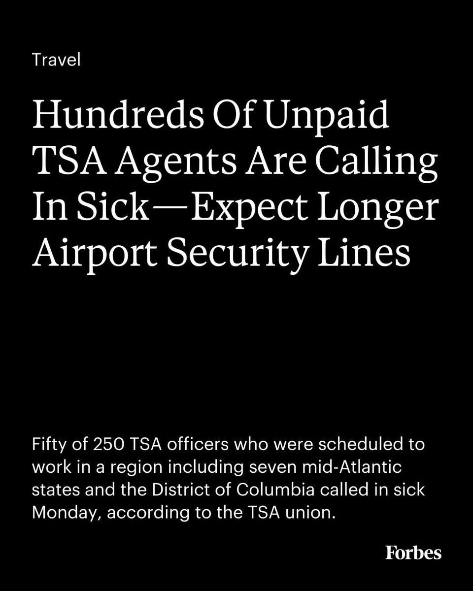 Transportation Security Administration screeners are working without pay during the government shutdown. As the funding lapse enters its second week, the stress of upcoming missed paychecks is leading to an uptick in sick calls, according to the TSA union. forbes.com/sites/suzanner…