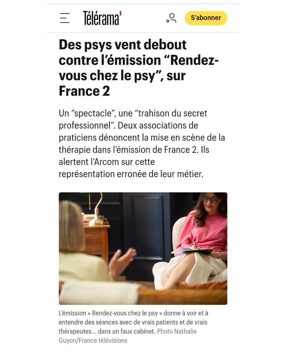 AssociationM3p's tweet photo. 📍 Telerama (7 oct 25) consacre un article éclairant à la polémique autour du projet de France Télévisions : filmer et diffuser de véritables séances de psychothérapie.

Cyrille Le Jamtel, pour le M3P et Albert Ciccone, pour la CPL ont été interviewés par François Ekchajzer https://t.co/9ctdvcGjuY