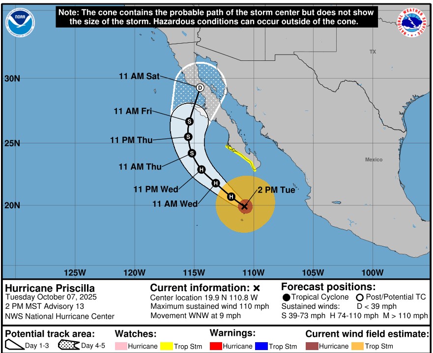 Andy Mac (@itsandymac_) on Twitter photo More rain (with possible flooding impacts) coming to Arizona in the next week due to Hurricane Priscilla. Here's the latest track from <a href="/NHC_Pacific/">NHC Pacific</a> More rain (with possible flooding impacts) coming to Arizona in the next week due to Hurricane Priscilla. Here's the latest track from <a href="/NHC_Pacific/">NHC Pacific</a>