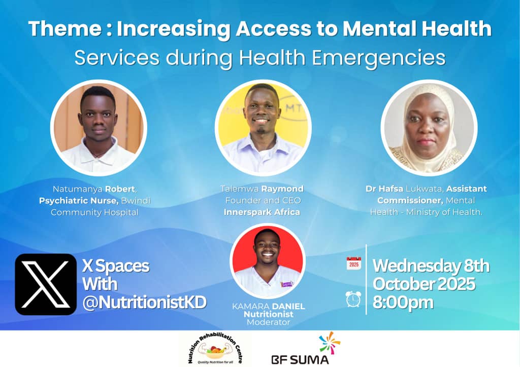 Join us tonight at 8PM (EAT) on X Spaces as we discuss:
Increasing Access to Mental Health Services During Health Emergencies.

Featuring experts from <a href="/innersparkrcv/">Innerspark Africa</a>, @MoH_Uganda &amp; more!
Let’s make mental health accessible, affordable &amp; stigma-free. 💙
x.com/i/spaces/1yNGa…