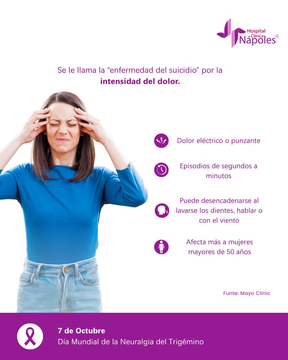 NapolesHospital's tweet image. La neuralgia del trigémino provoca dolor intenso y punzante, afectando la calidad de
vida. Hoy hacemos conciencia sobre esta enfermedad.  🧠

#NeuralgiaDelTrigémino #SaludNeurológica #HCN