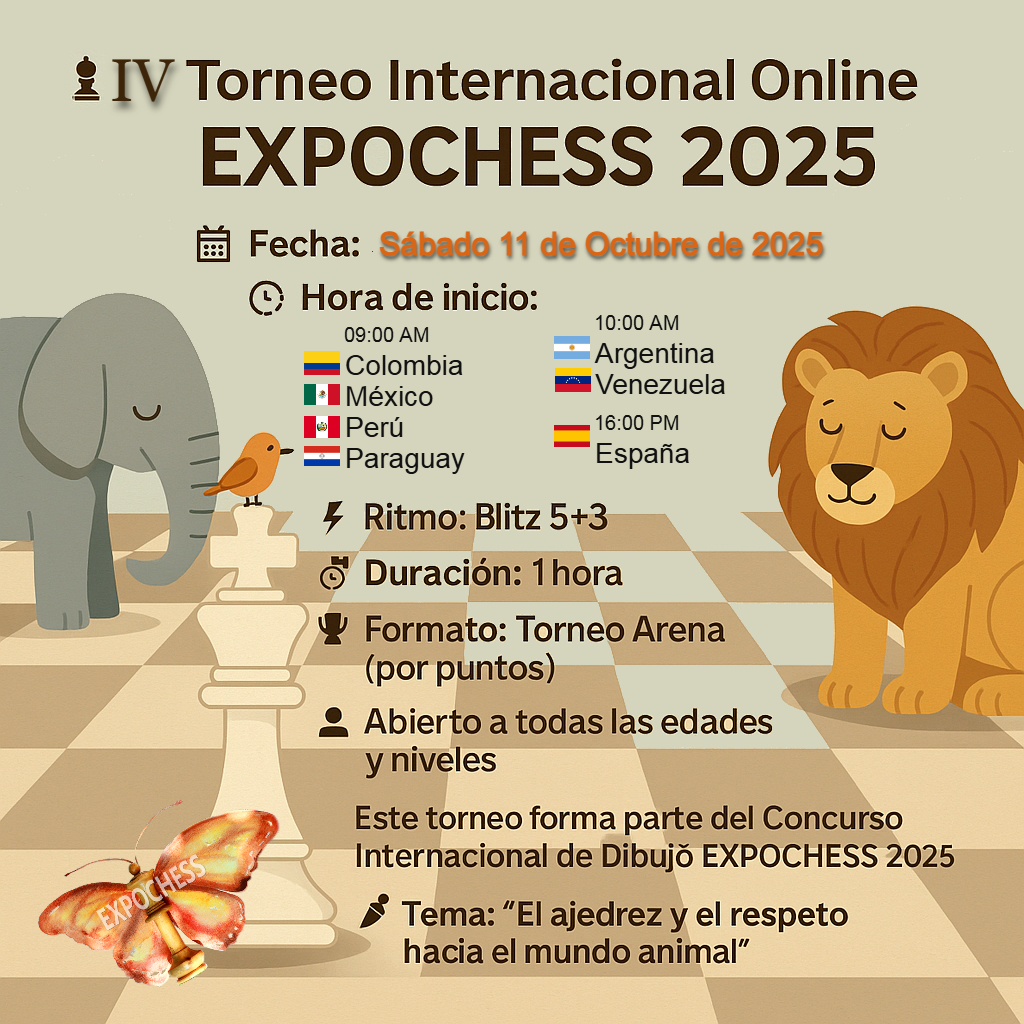 expochess64's tweet image. ♟️ ¡Última oportunidad para jugar antes del cierre del concurso!
🔗 Link: lichess.org/tournament/NhN…
Este sábado 11 de octubre te esperamos en el
🌐 IV Torneo EXPOCHESS 2025 Arena
#EXPOCHESS #Ajedrez