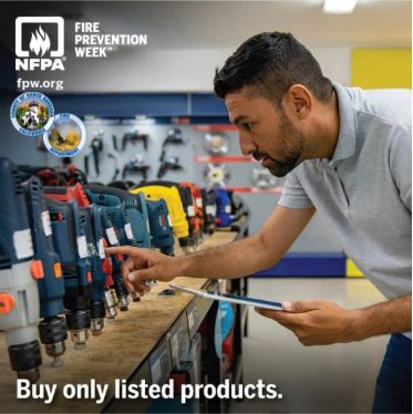 PIOSBCFireInfo's tweet image. It is the third day of Fire Prevention Week!
Before you buy anything with a lithium-ion battery, do your homework. Check the packaging and product for a mark from a nationally recognized testing lab—that stamp means it meets real safety standards. A lot of products sold online…