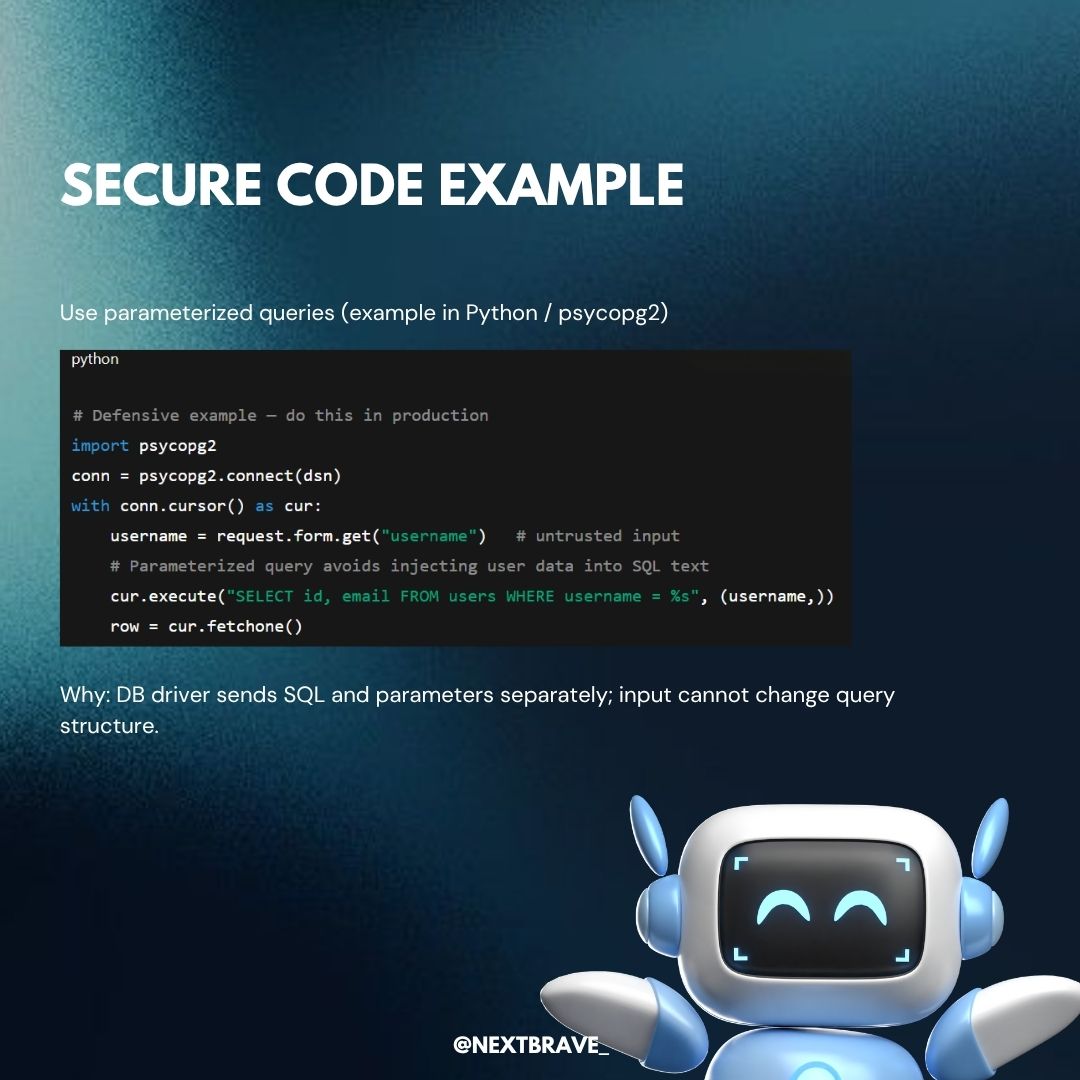 nextbrave_'s tweet image. SQL injections still trip up apps — the fix is simple: use parameterized queries &amp;amp; least-privilege DB accounts. 🛡️a secure code example, detection tips, and mitigation checklist. #AppSec #Infosec #sqlinjection
