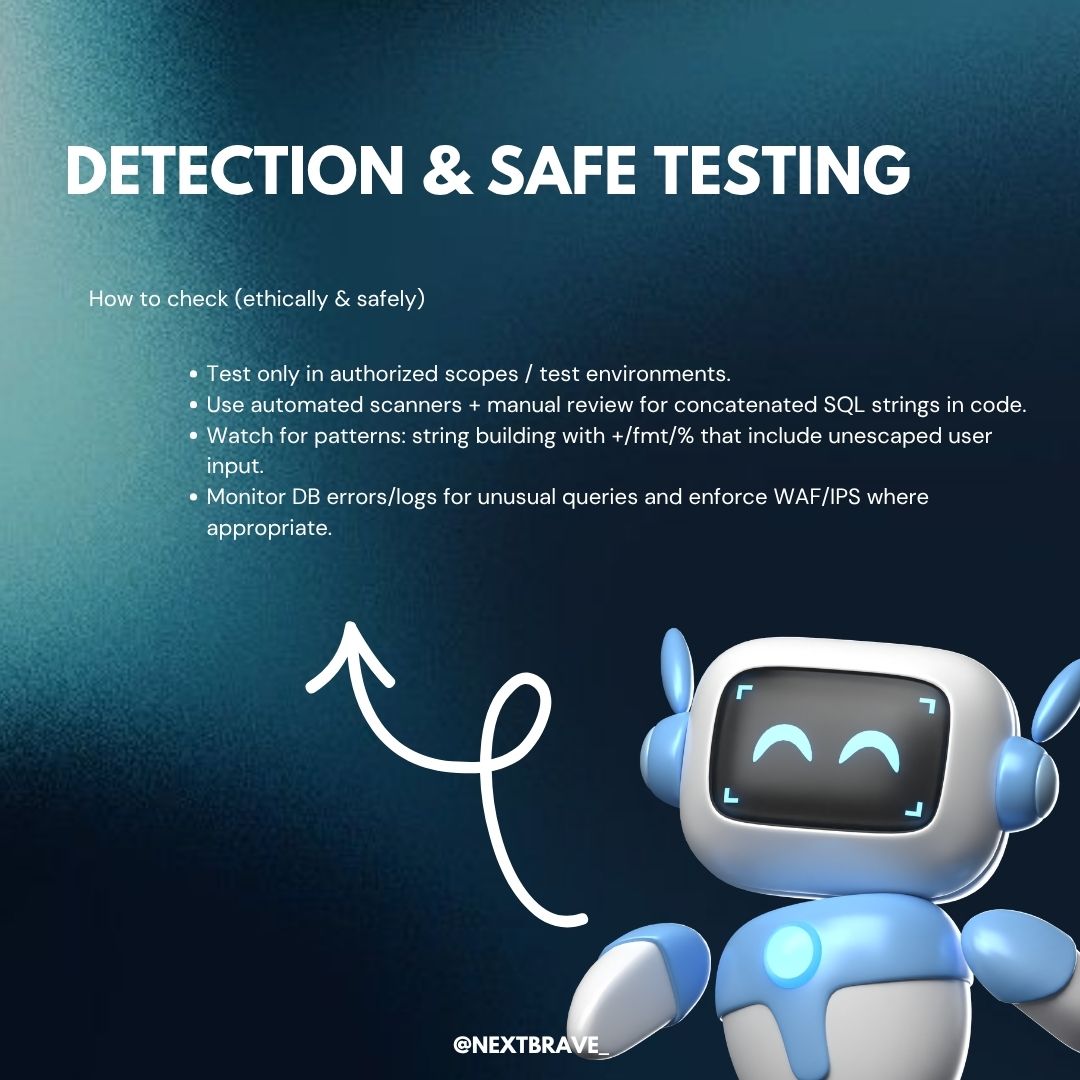 nextbrave_'s tweet image. SQL injections still trip up apps — the fix is simple: use parameterized queries &amp;amp; least-privilege DB accounts. 🛡️a secure code example, detection tips, and mitigation checklist. #AppSec #Infosec #sqlinjection