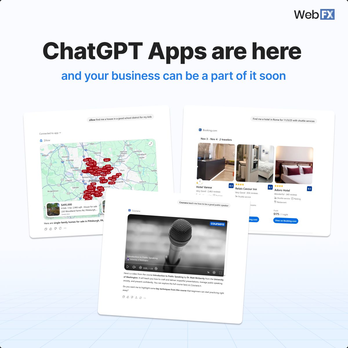 webfx's tweet image. Your business can create an app for ChatGPT — just like Canva, Figma, Spotify, Zillow and Expedia did. Although, the app can&apos;t go live just yet.

Let us explain.

ChatGPT Apps has rolled out for logged-in, non-EU users on Free, Go, Plus, and Pro plans. ChatGPT Apps gives users…
