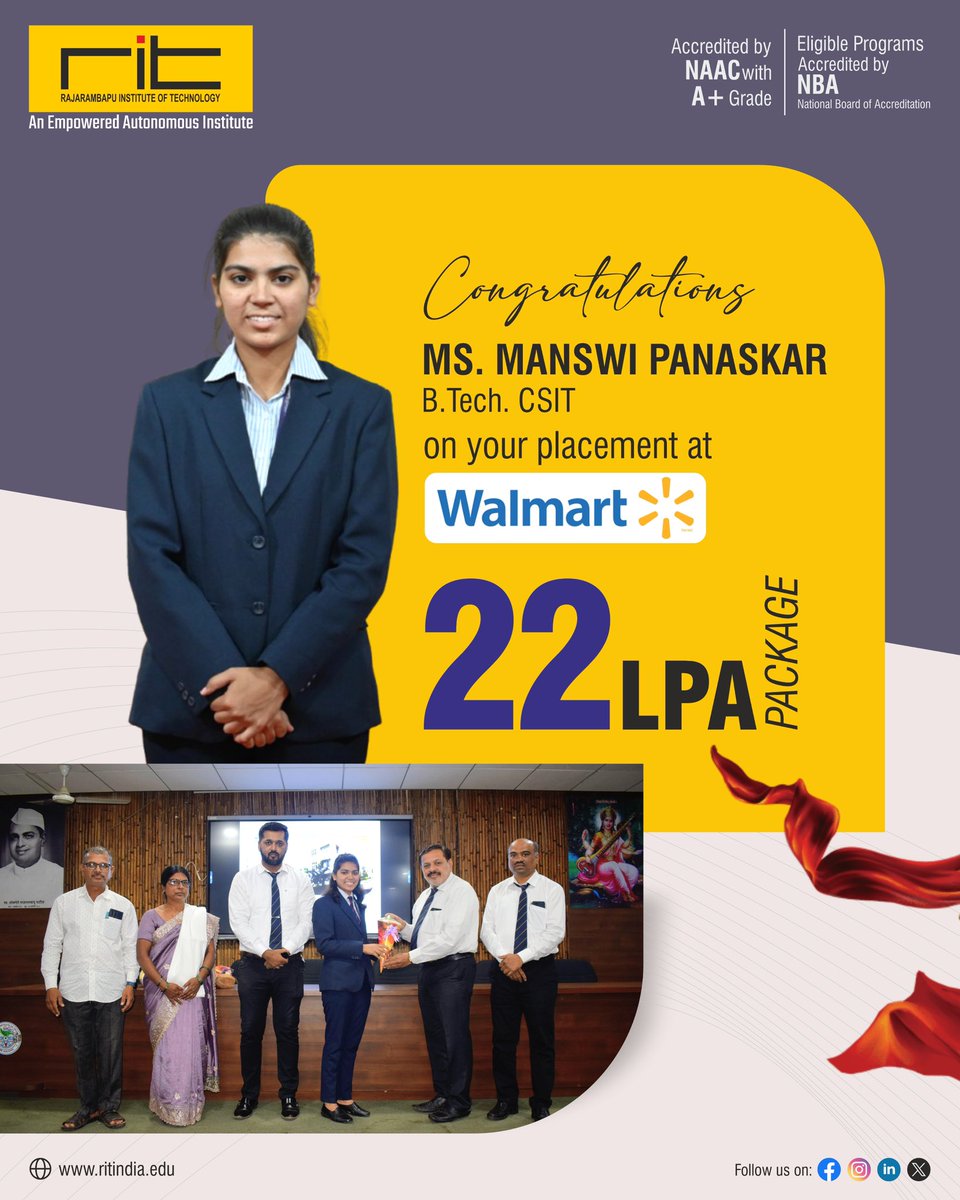 ritindia1983's tweet image. 🚀 Dream Big, Achieve Bigger! 🎯
Proud moment for RIT! 🎓
Manaswi Panaskar (B.Tech CSIT) bags Package of ₹22 LPA with Walmart Global Tech for 2025–26! 💼✨

#RIT #ProudMoment #WalmartGlobalTech #RITPlacements #DreamBigAchieveBigger #CSIT #FutureReadyEngineers