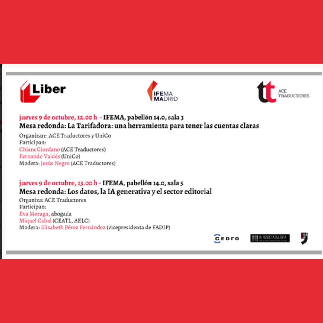 Este jueves 9 de octubre de 2025 participo, como abogada y portavoz de la Coalición IA Respeta Cultura, en la Mesa Redonda «Los datos, la IA Generativa y el sector editorial» organizada por <a href="/acetraductores/">ACE Traductores</a> en LIBER. Os esperamos por allí!! Se promete interesante!!
