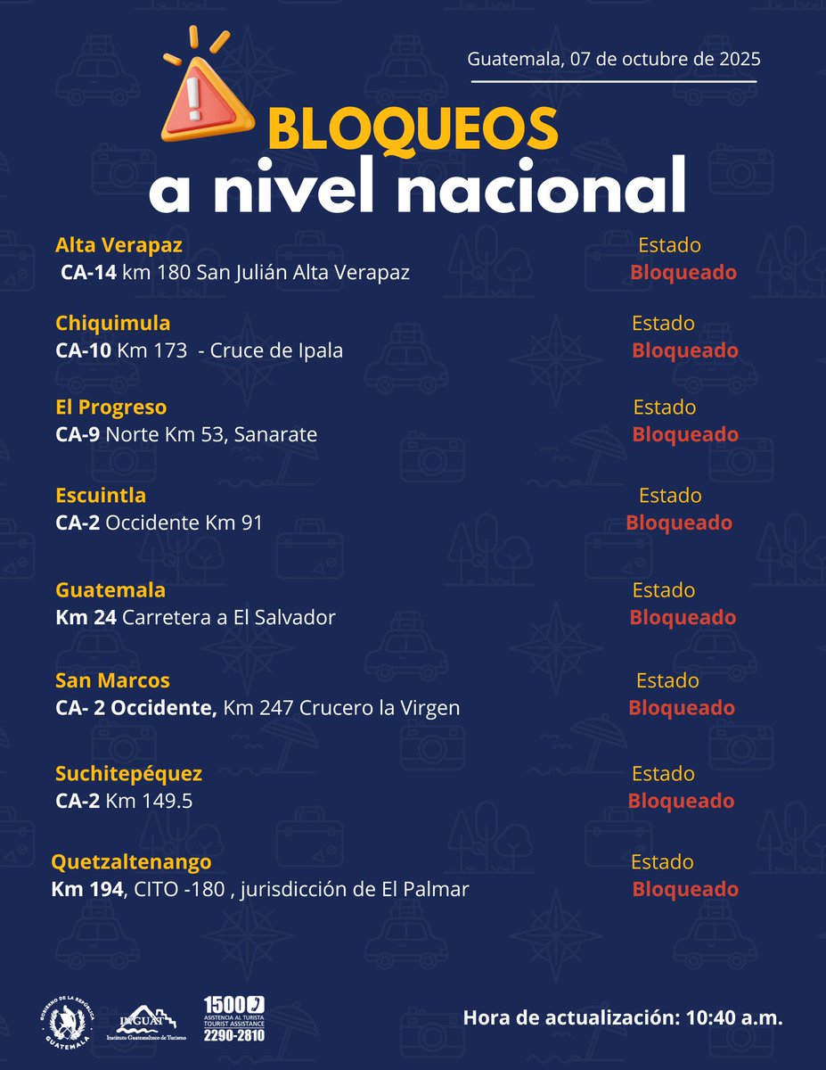 🚨 Actualización importante, sobre bloqueos a nivel nacional.  #Asistur1500 #INGUAT #TurismoSomosTodos