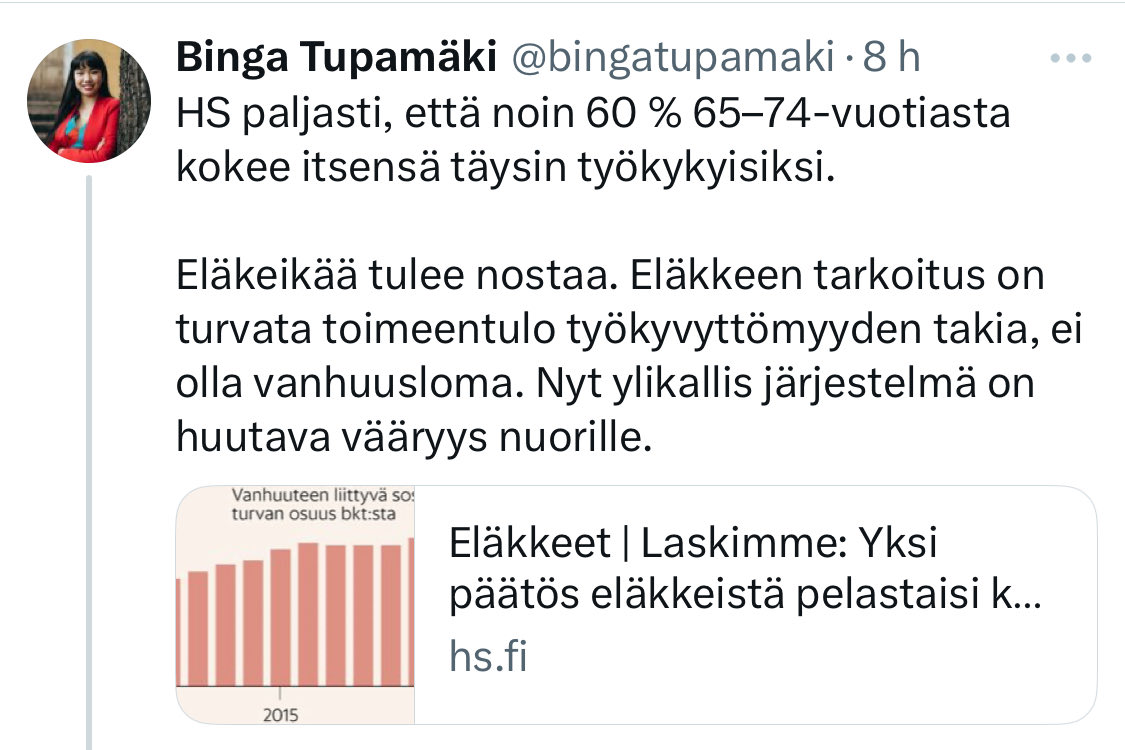 ”Eläkkeen on tarkoitus turvata toimeentulo työkyvyttömyyden takia”. Binga Tupamäki. Jätän tämän nyt tähän. ⁦<a href="/kokoomus/">Kokoomus</a>⁩ #eläke