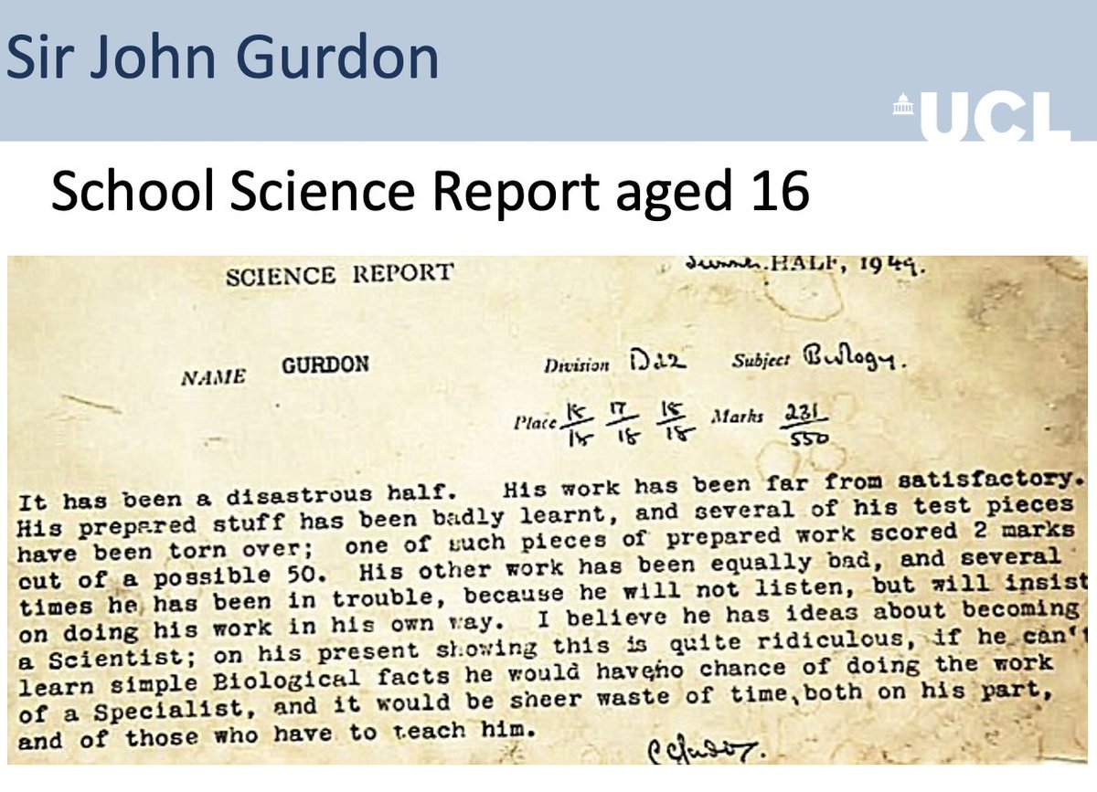 So sad to hear about the passing of Sir John Gurdon. I was teaching students about this incredible man only yesterday. His school report is one of my favourite slides "he will not listen, but insists on doing work in his own way" - too right!!!