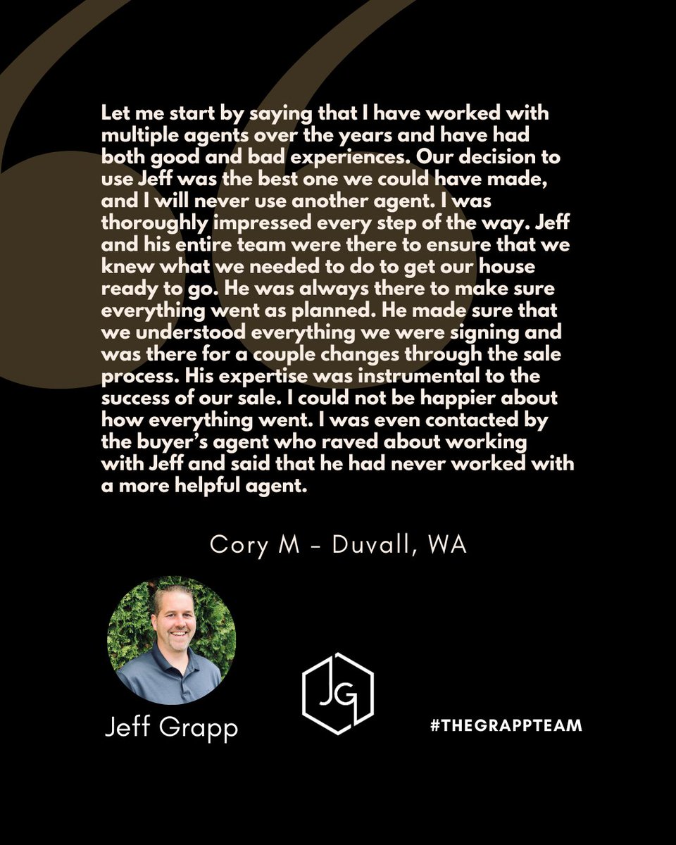 JeffGrapp's tweet image. &quot;Let me start by saying that I have worked with multiple agents over the years and have had both good and bad experiences. Our decision to use Jeff was the...&quot; - Cory M, Duvall, WA
.
.
.
#JeffGrapp #LaceyGrapp #RealEstate #GrappTeam #realtorlife #SellingHomes #TestimonialTuesday