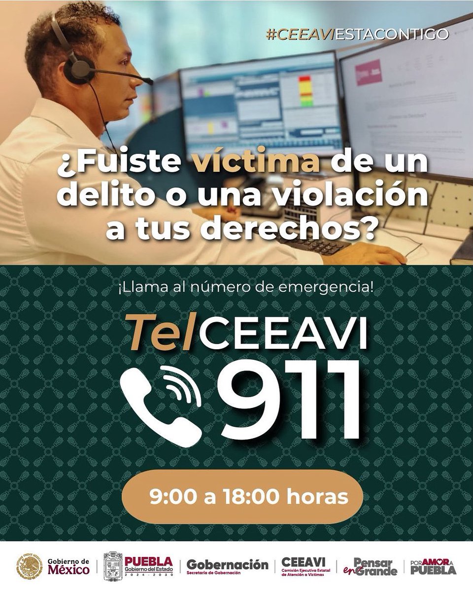 Comisión de Atención a Víctimas Puebla (@ceeavigobpue) on Twitter photo Con el respaldo y compromiso del <a href="/Gob_Puebla/">Gobierno de Puebla</a> , la Comisión trabaja todos los días para brindar atención y acompañamiento a quienes han sido víctimas de un delito o una violación a sus derechos.
Si necesitas apoyo, comunícate al 911 y solicita el TelCEEAVI. Con el respaldo y compromiso del <a href="/Gob_Puebla/">Gobierno de Puebla</a> , la Comisión trabaja todos los días para brindar atención y acompañamiento a quienes han sido víctimas de un delito o una violación a sus derechos.
Si necesitas apoyo, comunícate al 911 y solicita el TelCEEAVI.