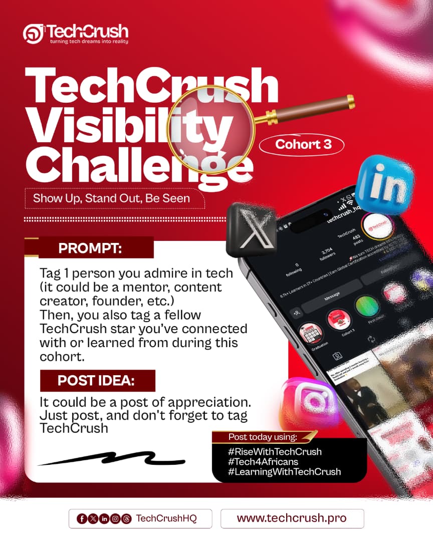 deevcoder's tweet image. ✨Day 6, the final day of the @TechCrushHQ Visibility Challenge
It's has been inspiring journey learning and growing with brilliant minds across Africa💙
Tagging @Chinecherem_Bog who inspires me in tech and @Marrve321 who’s made this cohort even better 💫
#tech4africans #Cohort3