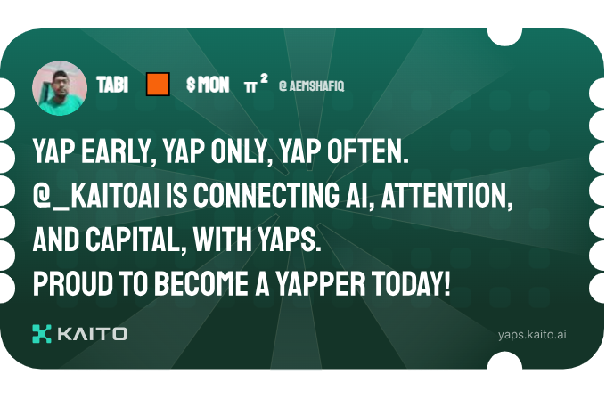 aemshafiq's tweet photo. Yap early, yap only, yap often.

@KaitoAI is connecting AI, attention and capital with Yaps.

Just claimed my social card and I'm accumulating Yap points in real-time.

Claim yours 👉 https://t.co/MPeNIISu90 https://t.co/EVGNRwW5Jc