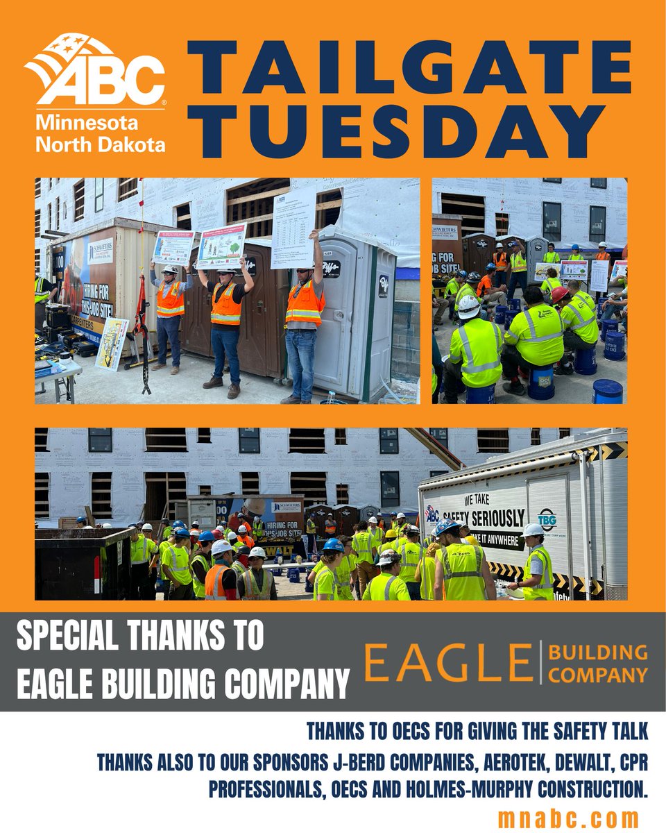 Highlighting Eagle Building Company's dedication to safety at The Rosalyn project in Bloomington, MN. Thanks to all sponsors for promoting crucial safety talks! #ABCMNND #SafetyFirst #ABCMeritShopProud #TailgateTuesday