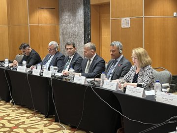 First image shows a wooden podium with a laptop displaying a presentation slide titled in Turkish about foreign language education project, microphone, water bottle, and pen on a carpeted stage in a conference room with wooden walls, EU and Turkish flags, and banners. Second image depicts a large oval conference table with multiple participants in business attire seated around it, a large screen projecting a slide, wooden paneled walls, chandeliers, and flags including Turkish and EU banners in a grand meeting hall. Third image captures a close-up of six professionals including men in suits and a woman in a blouse seated at a black conference table with name cards, water bottles, documents, and microphones, focused on discussion. Fourth image features a row of diverse participants including women in headscarves and men in suits at a long black table with papers, glasses of water, microphones, and name tags like Mahmut Ozdil, against a backdrop of Turkish and EU flags in a formal setting.