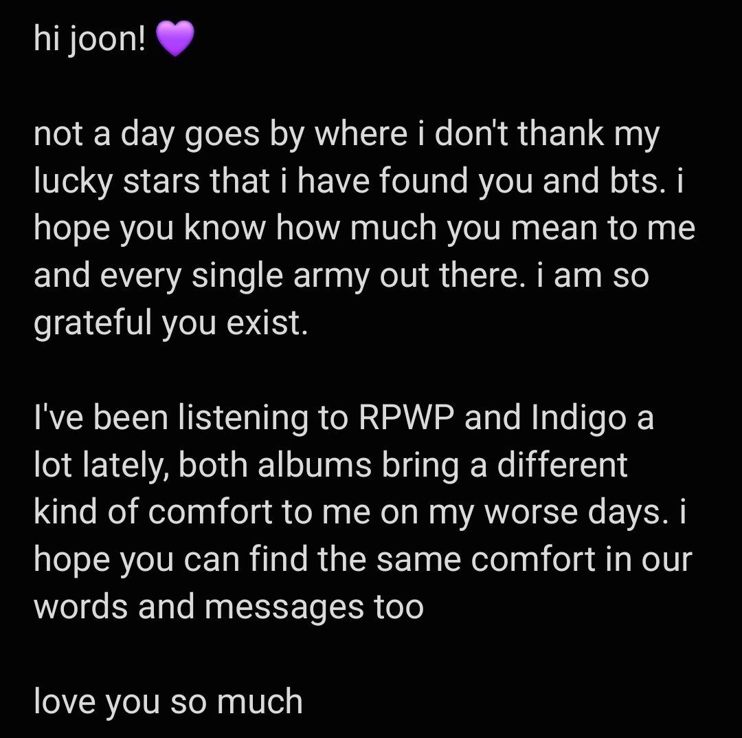 eternally grateful for your existence namjoon 💜

#To_RM
#SweetDreamsNamjoon
#ARMYExistsForRM
#WeLiveSoWeLoveRM
#NeverAloneWithARMY