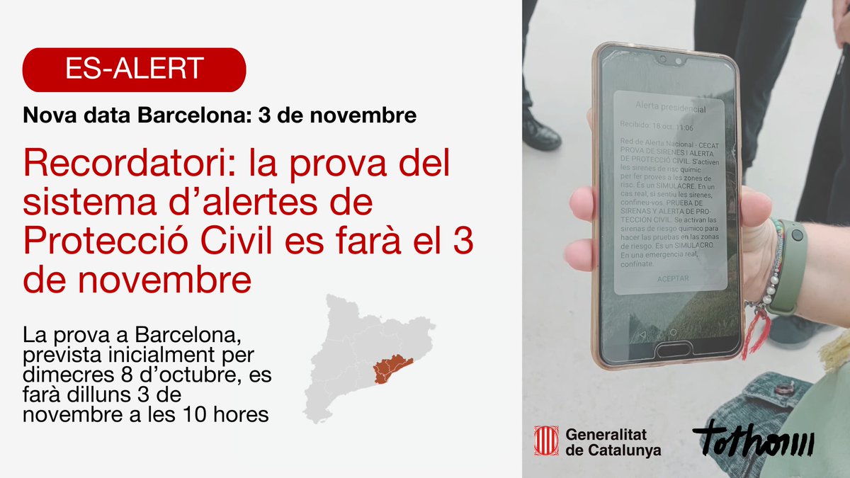 RECORDA❗
Demà 8 d'octubre NO hi ha prova d'enviament d'alertes de #ProteccióCivil als telèfons mòbils de Barcelona

📅​ 📲​​S'ha AJORNAT al 3 de novembre a les 10h

Es farà, com estava previst, a Baix Llobregat, Barcelonès, Maresme, Vallès Occidental i Vallès Oriental