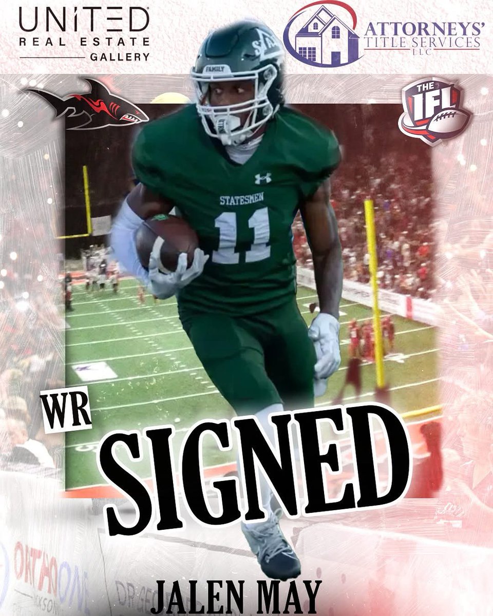 UNITED REAL ESTATE GALLERY and ATTORNEYS’ TITLE SERVICES Official Player Signing:
Sharks sign WR Jalen May for the 2026 season.
